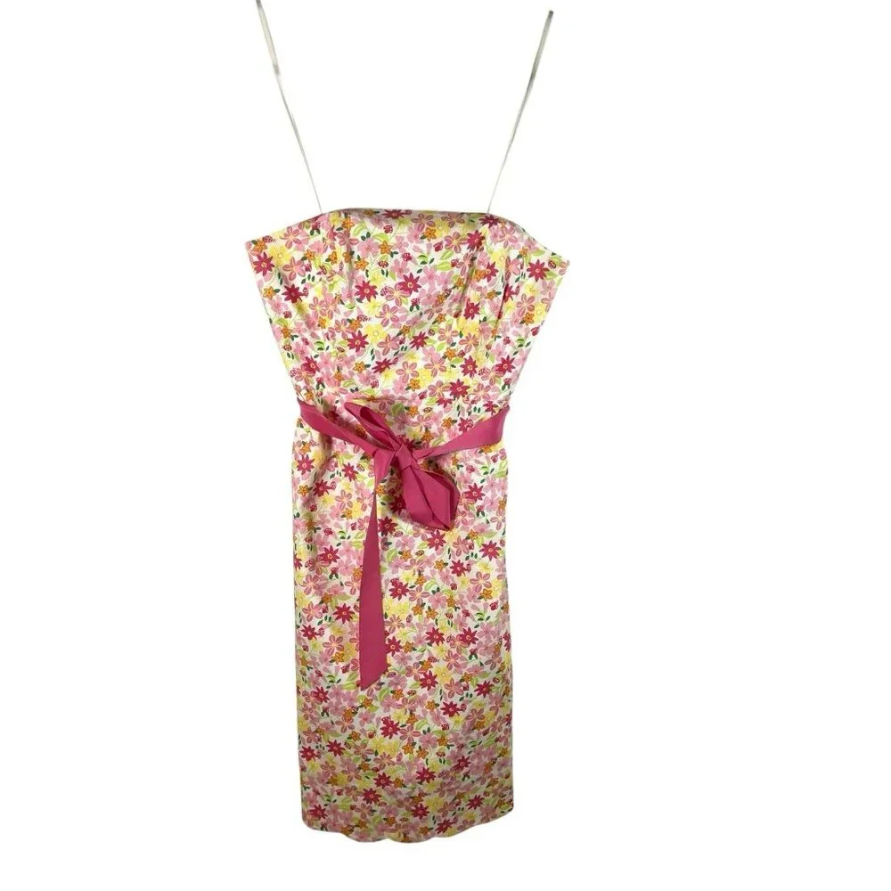 Vtg Lilly Pulitzer Pink Waist‎ Ribbon Tie Floral Lace Strapless Dress EUC Size 4
